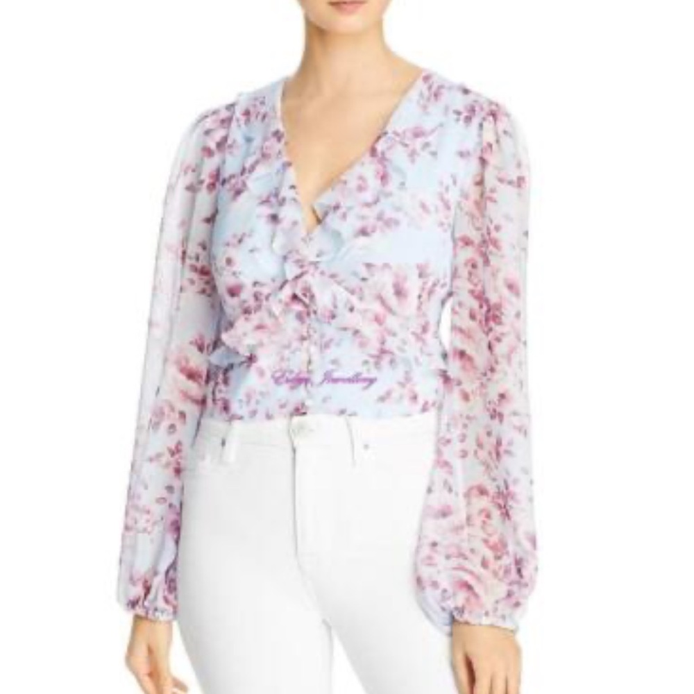 Bardot Nelly Ruffled Floral Print Blouse Size 4 Light Blue Bishop Sleeve Cropped